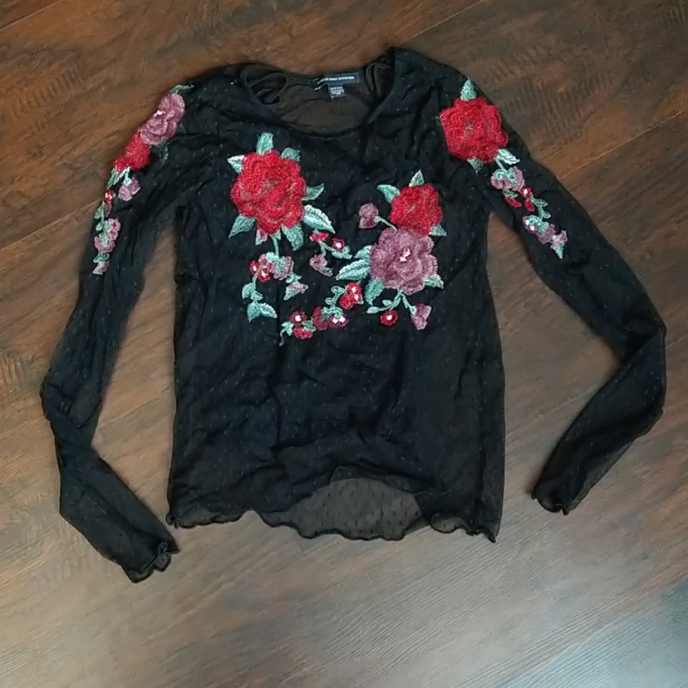 2/$3 A&E sheer black lace floral embroidered top.